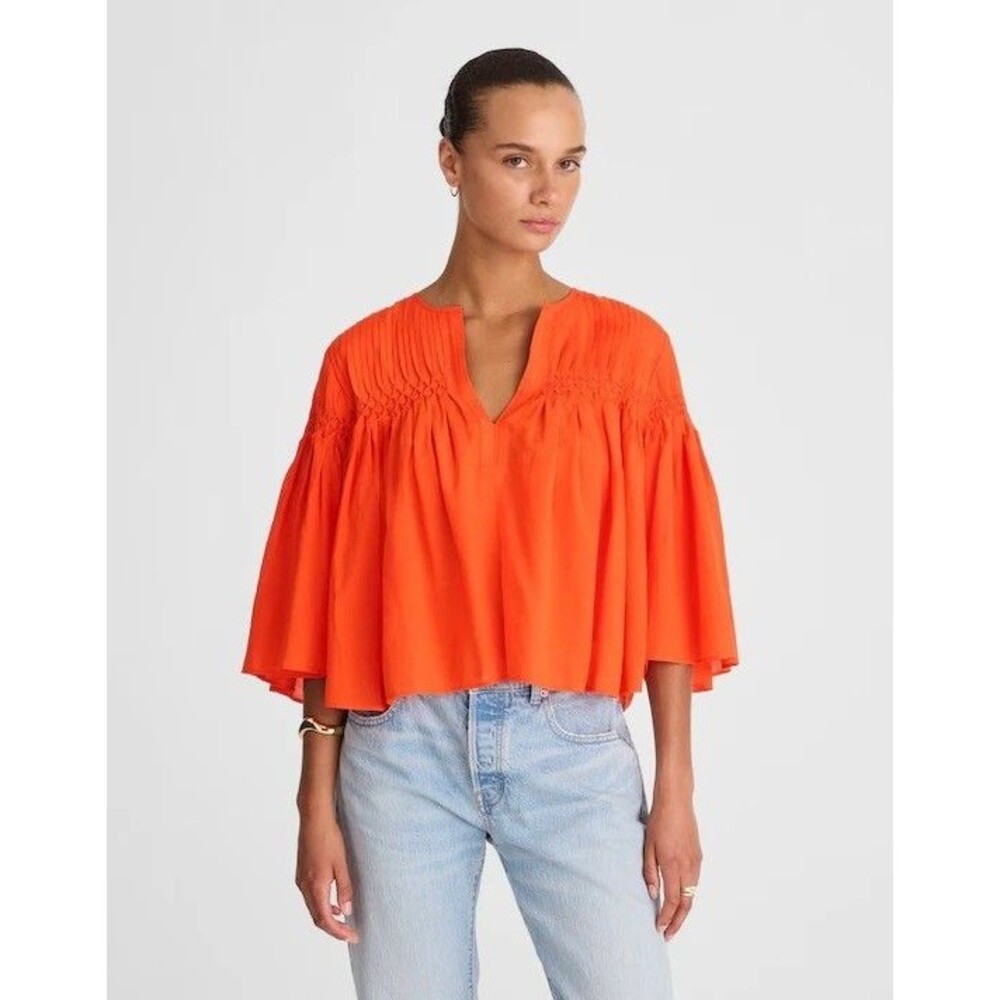 MADEWELL Pintucked Flutter-Sleeve Top S Fiery Orange Woven Swing B97